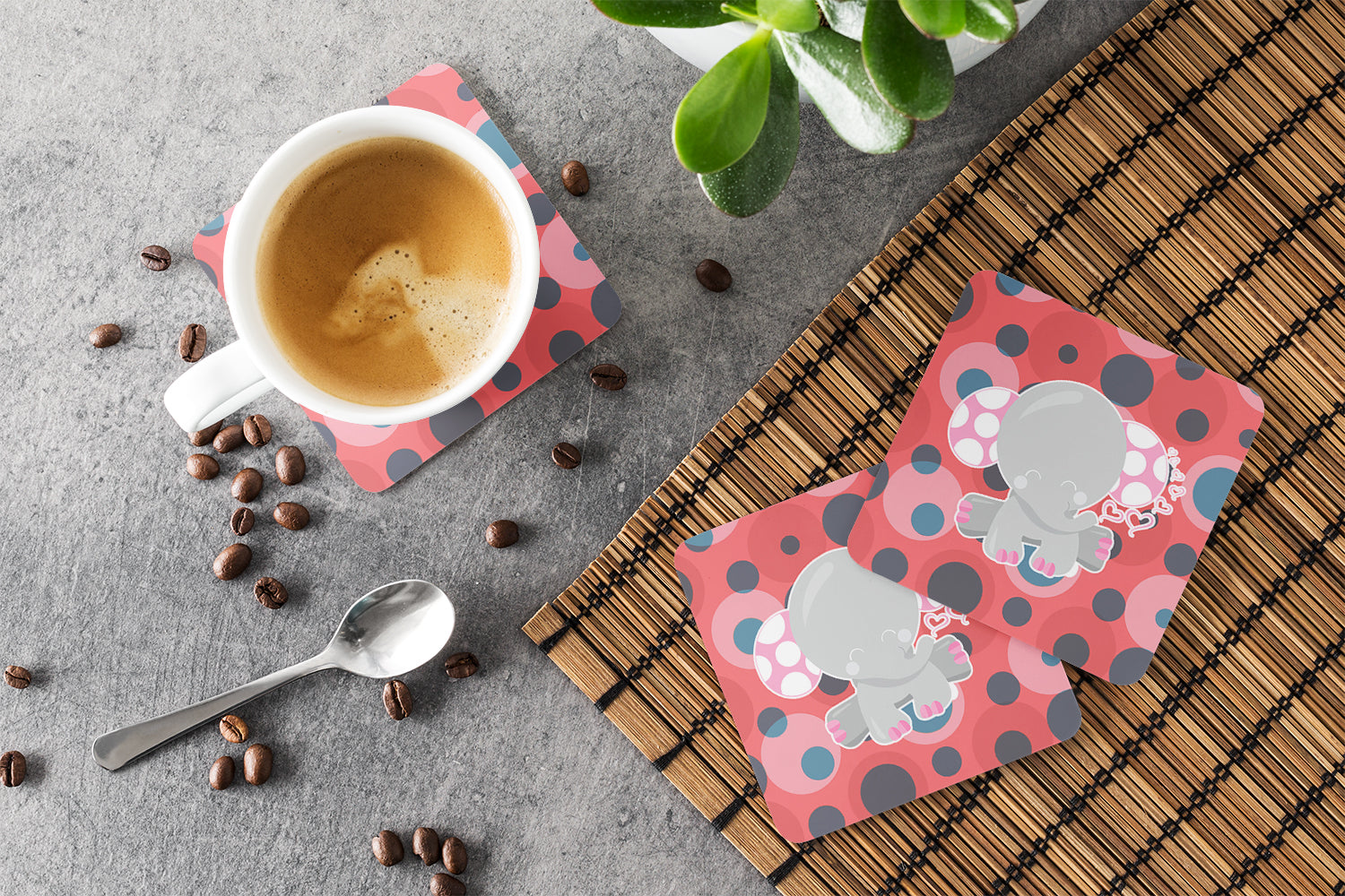 Elephant Lots of Polkadots Foam Coasters Set of 4 Cup Coasters for Indoor Outdoor, Tabletop Protection, Anti Slip, Mouse pad Material