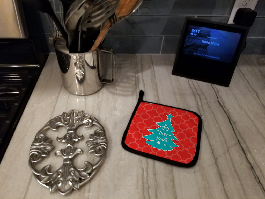 Christmas Tree Red Teal Pot Holder Set of 2 Heat Resistant Quilted Hot Pads 7.5 x 7.5 Inch, Insulated Kitchen Trivets for Cooking & Baking