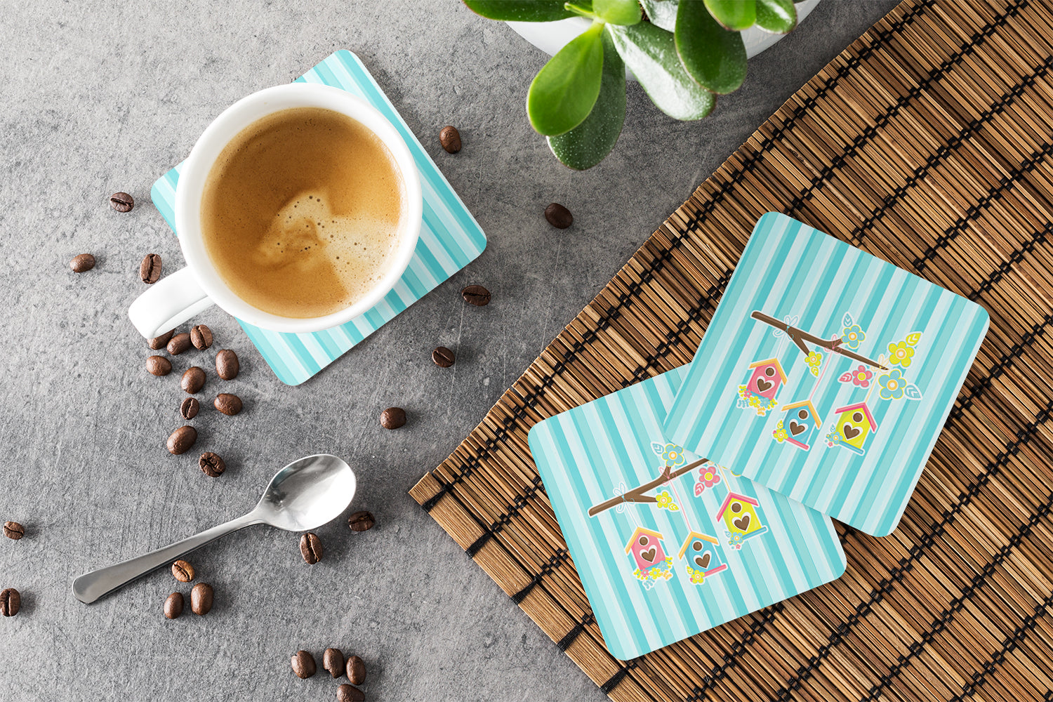Birdhouses on Blue Stripes Foam Coasters Set of 4 Cup Coasters for Indoor Outdoor, Tabletop Protection, Anti Slip, Mouse pad Material