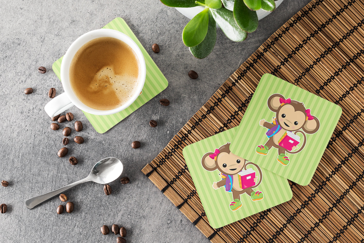 Monkey Going to School Foam Coasters Set of 4 Cup Coasters for Indoor Outdoor, Tabletop Protection, Anti Slip, Mouse pad Material
