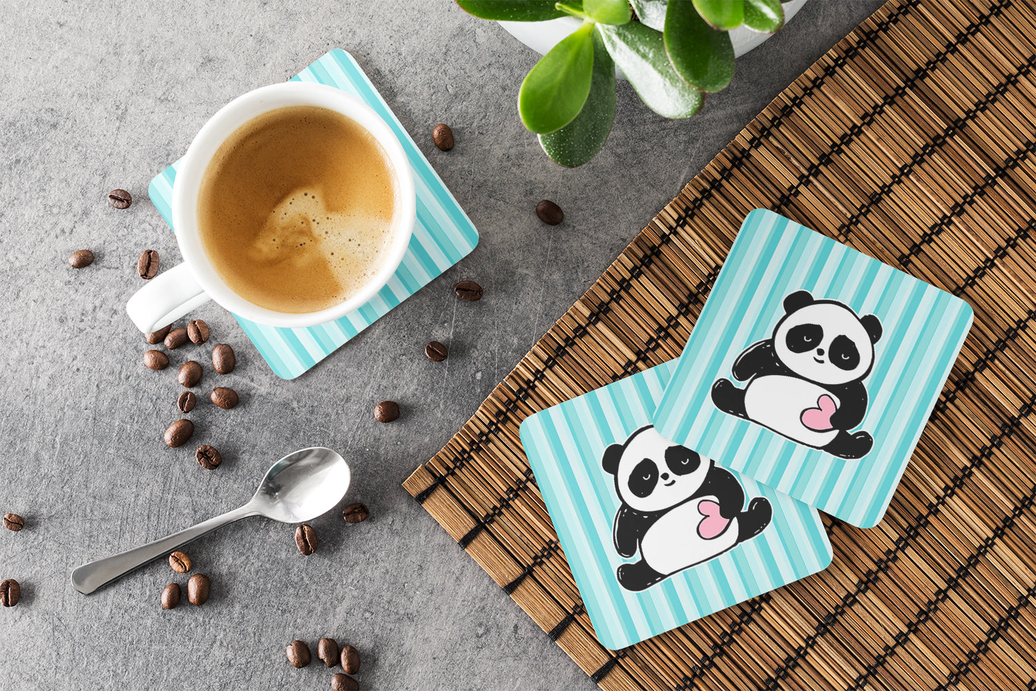 Panda Bear Love Foam Coasters Set of 4 Cup Coasters for Indoor Outdoor, Tabletop Protection, Anti Slip, Mouse pad Material