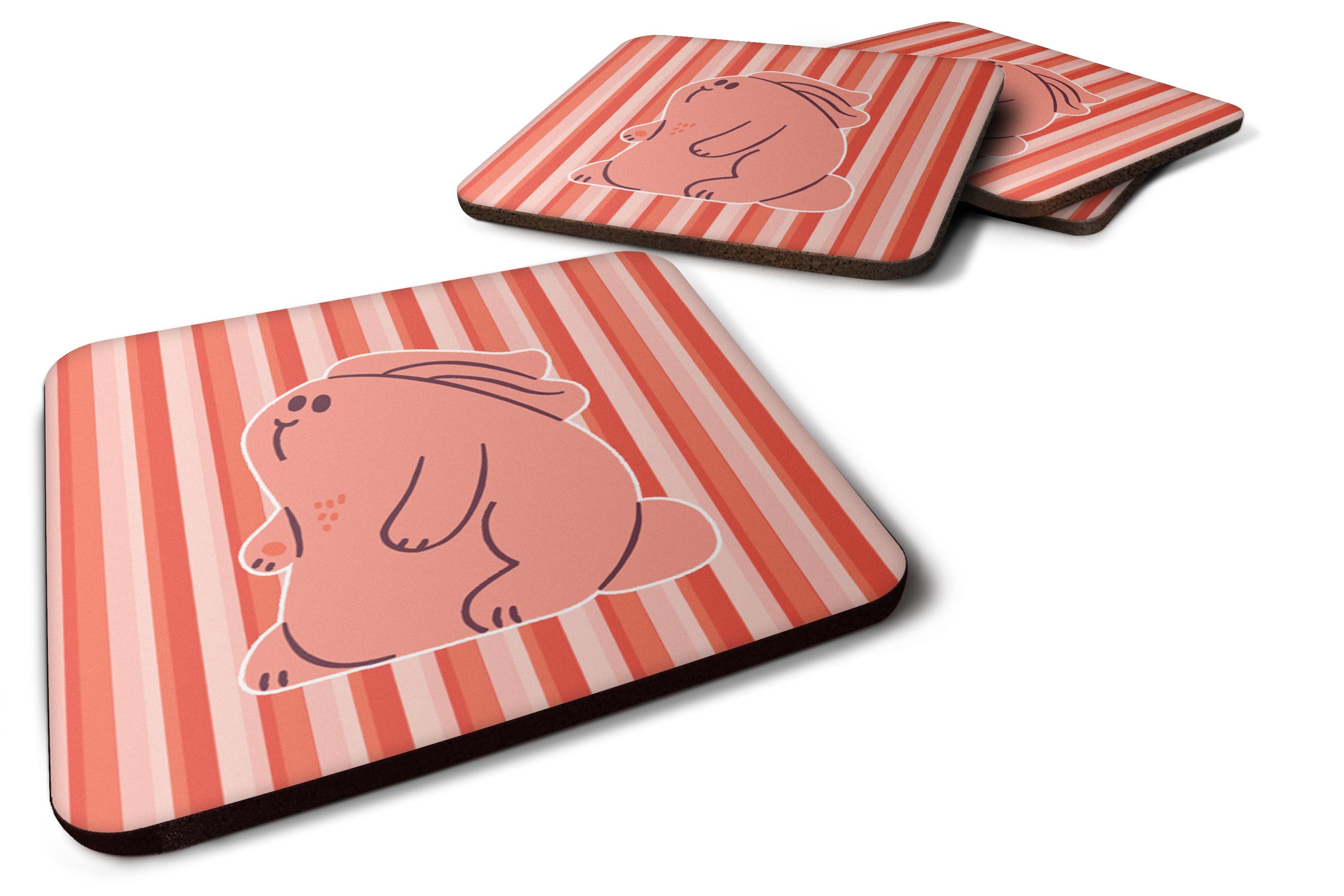 Rabbit on Pink Stripes Foam Coasters Set of 4 Cup Coasters for Indoor Outdoor, Tabletop Protection, Anti Slip, Mouse pad Material