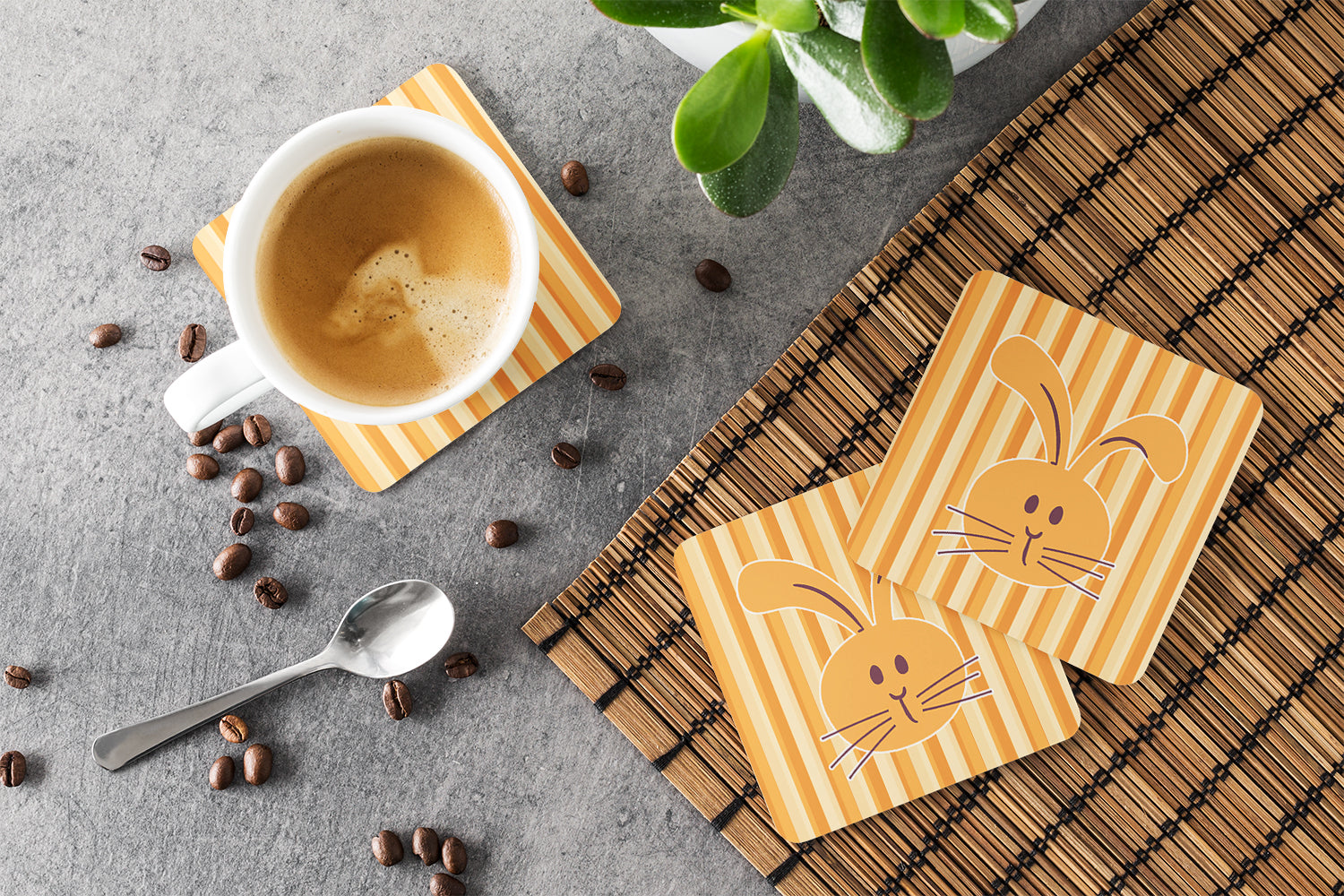 Rabbit on Stripes Foam Coasters Set of 4 Cup Coasters for Indoor Outdoor, Tabletop Protection, Anti Slip, Mouse pad Material