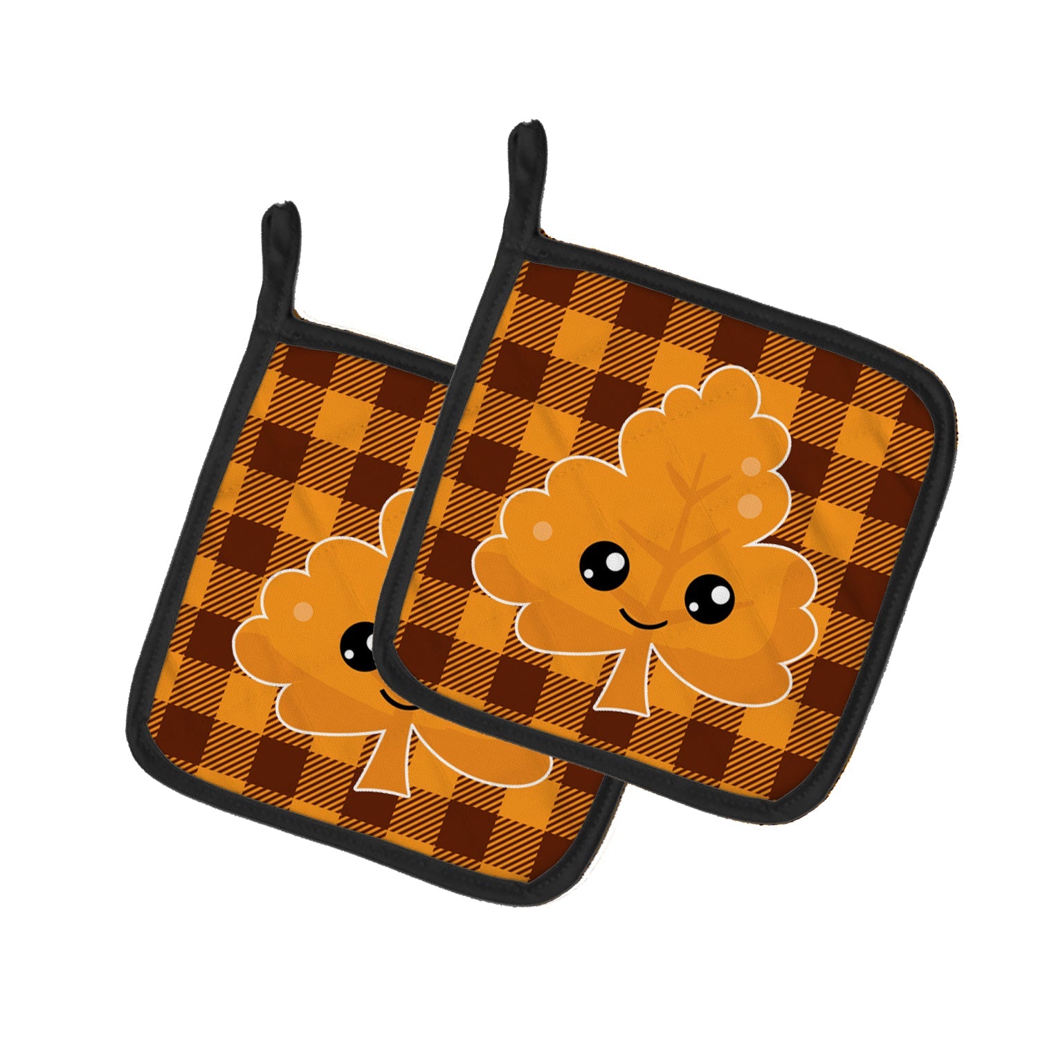 Fall Leaf on Gingham Pot Holder Set of 2 Heat Resistant Quilted Hot Pads 7.5 x 7.5 Inch, Insulated Kitchen Trivets for Cooking & Baking