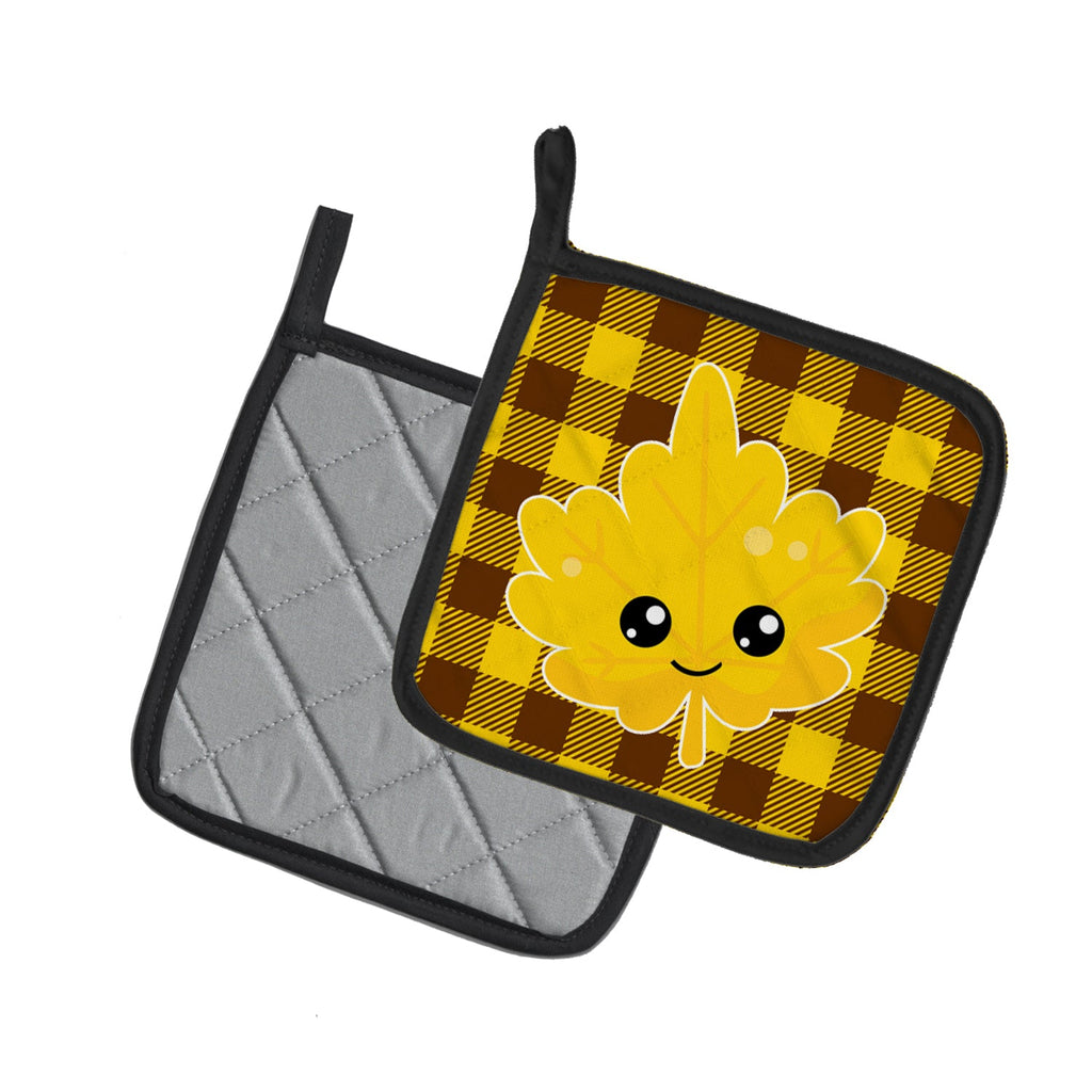 Fall Leaf on Gingham Pot Holder Set of 2 Heat Resistant Quilted Hot Pads 7.5 x 7.5 Inch, Insulated Kitchen Trivets for Cooking & Baking