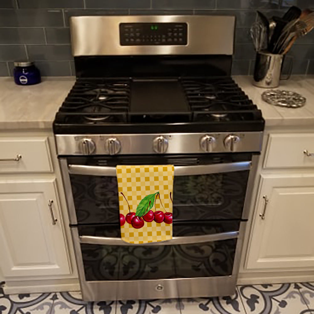 Cherries on Basketweave Kitchen Towel Velour Plush Front and Cotton Loop Back Machine Washable