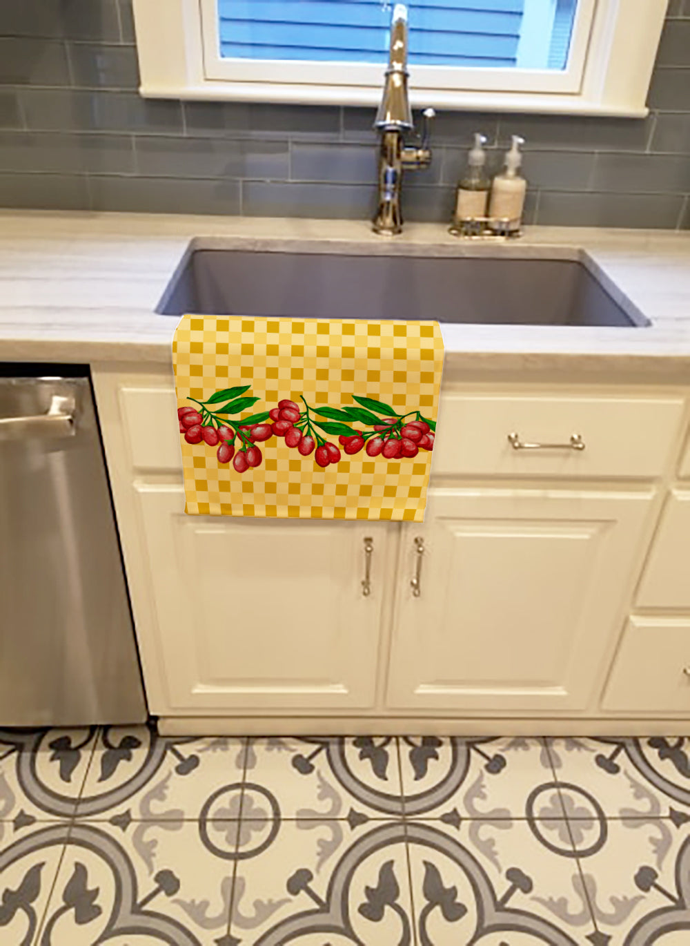 Gojis on Basketweave Kitchen Towel Velour Plush Front and Cotton Loop Back Machine Washable