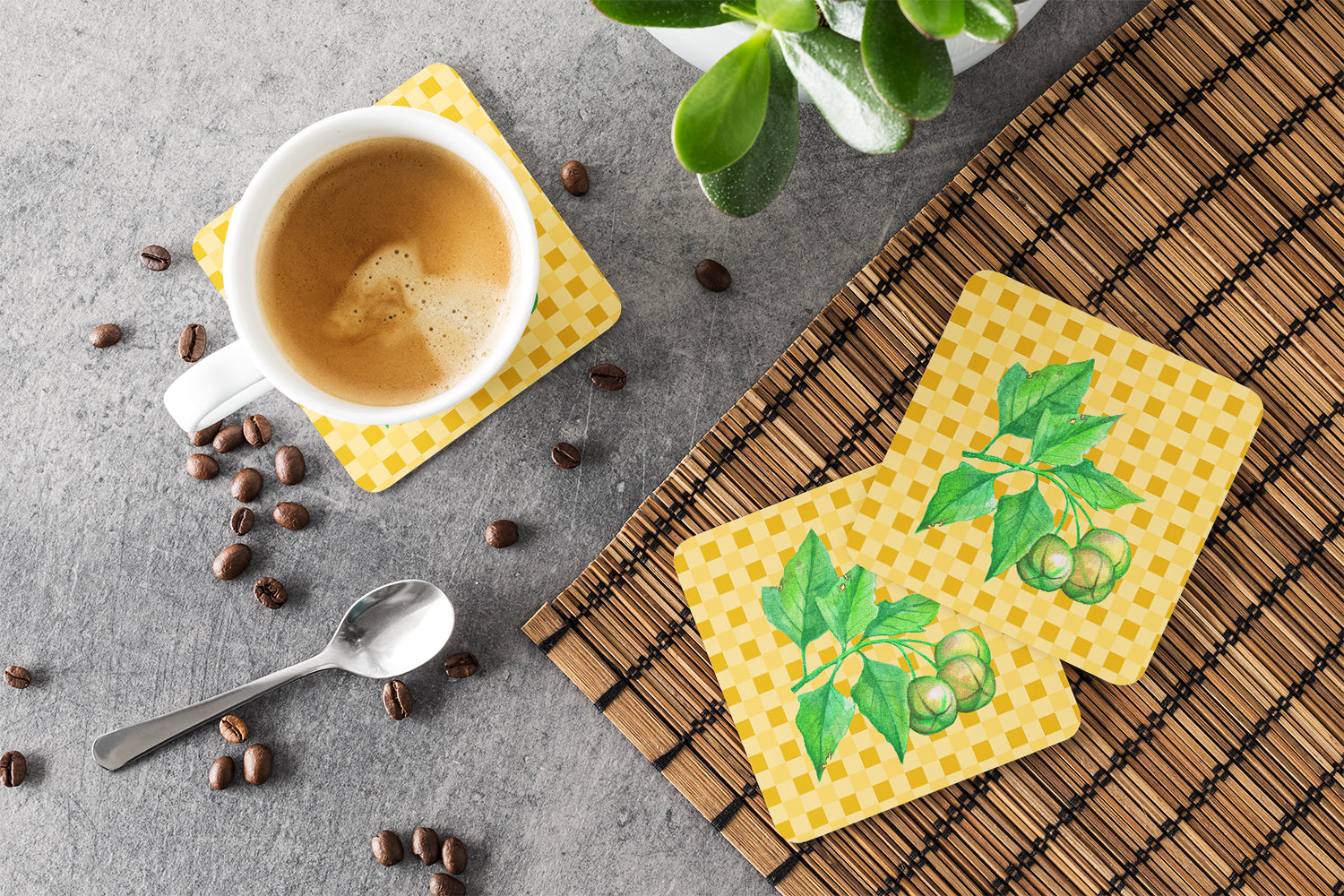 Candlenut on Basketweave Foam Coasters Set of 4 Cup Coasters for Indoor Outdoor, Tabletop Protection, Anti Slip, Mouse pad Material