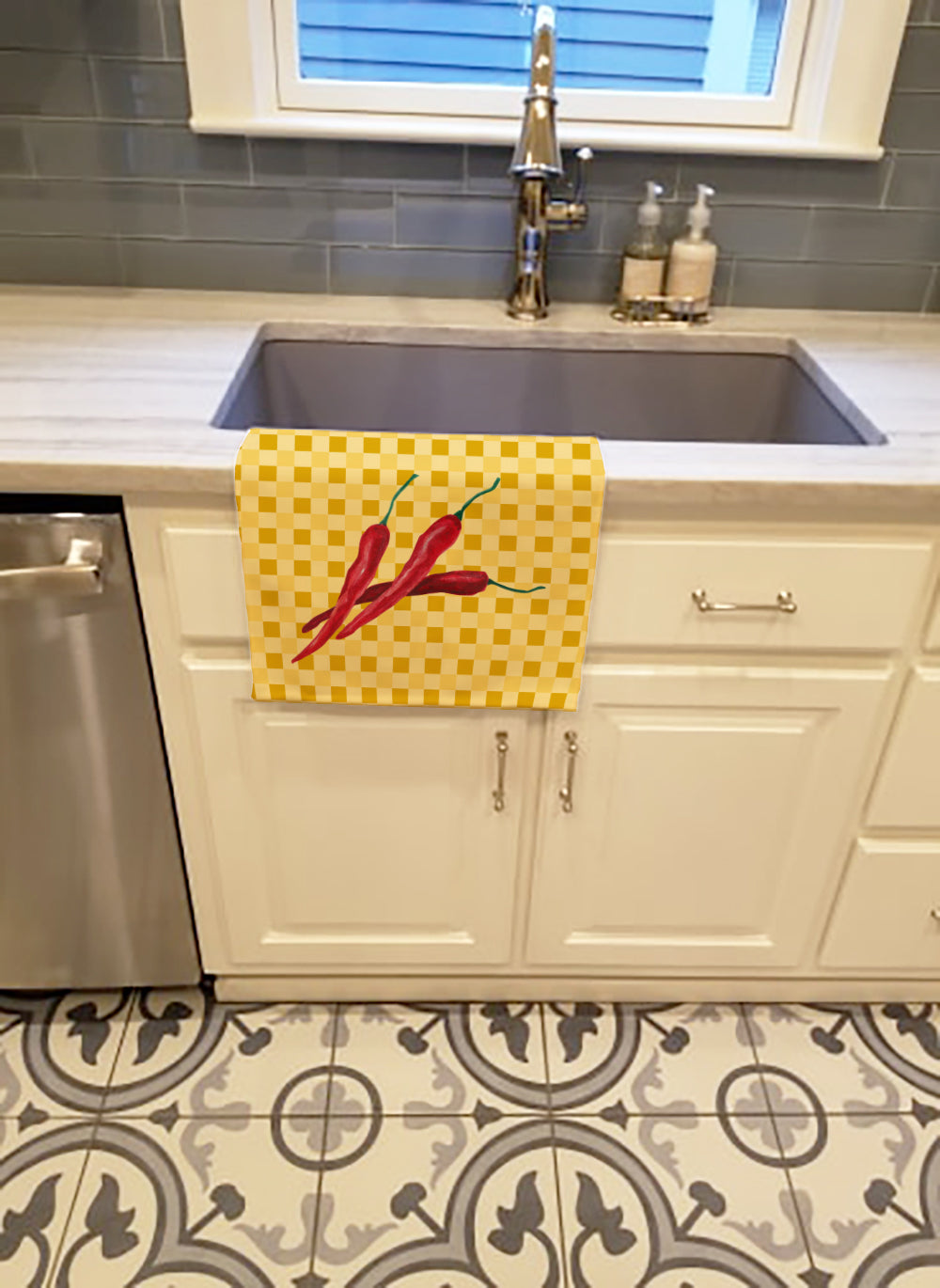 Chili Peppers on Basketweave Kitchen Towel Velour Plush Front and Cotton Loop Back Machine Washable