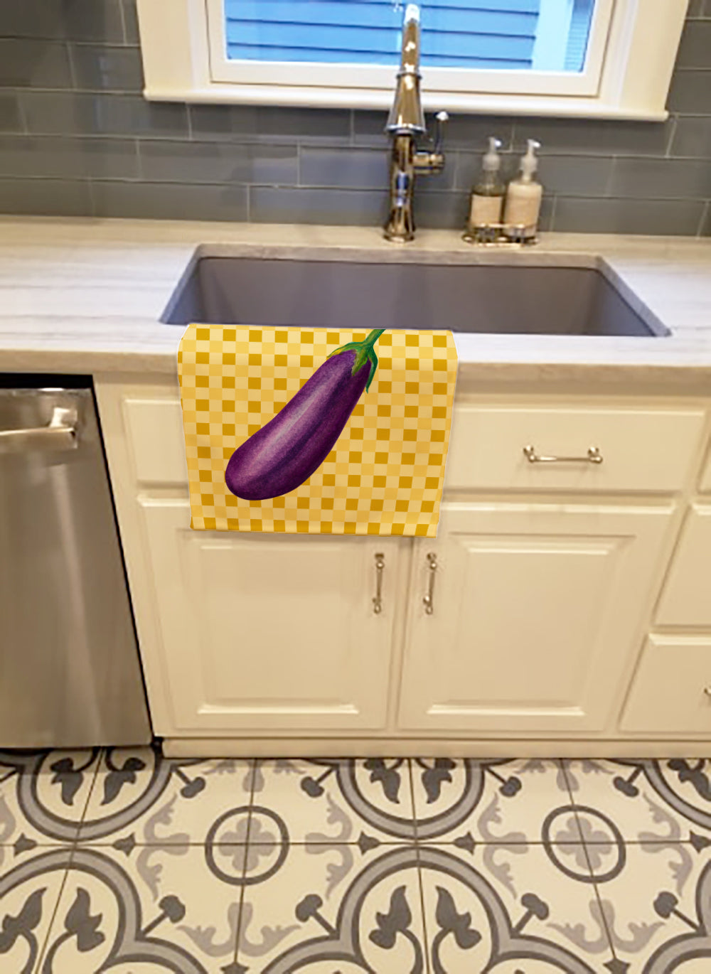 Eggplant on Basketweave Kitchen Towel Velour Plush Front and Cotton Loop Back Machine Washable