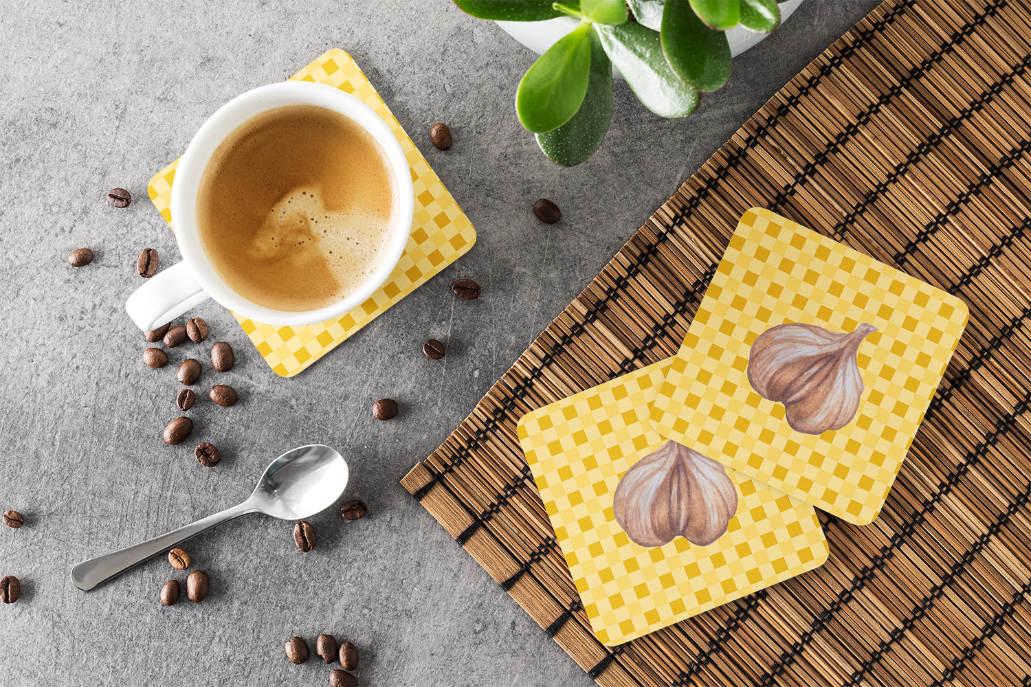 Garlic on Basketweave Foam Coasters Set of 4 Cup Coasters for Indoor Outdoor, Tabletop Protection, Anti Slip, Mouse pad Material