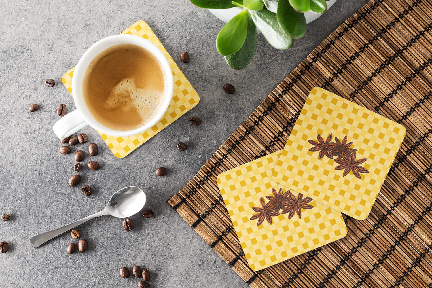 Star Anise on Basketweave Foam Coasters Set of 4 Cup Coasters for Indoor Outdoor, Tabletop Protection, Anti Slip, Mouse pad Material