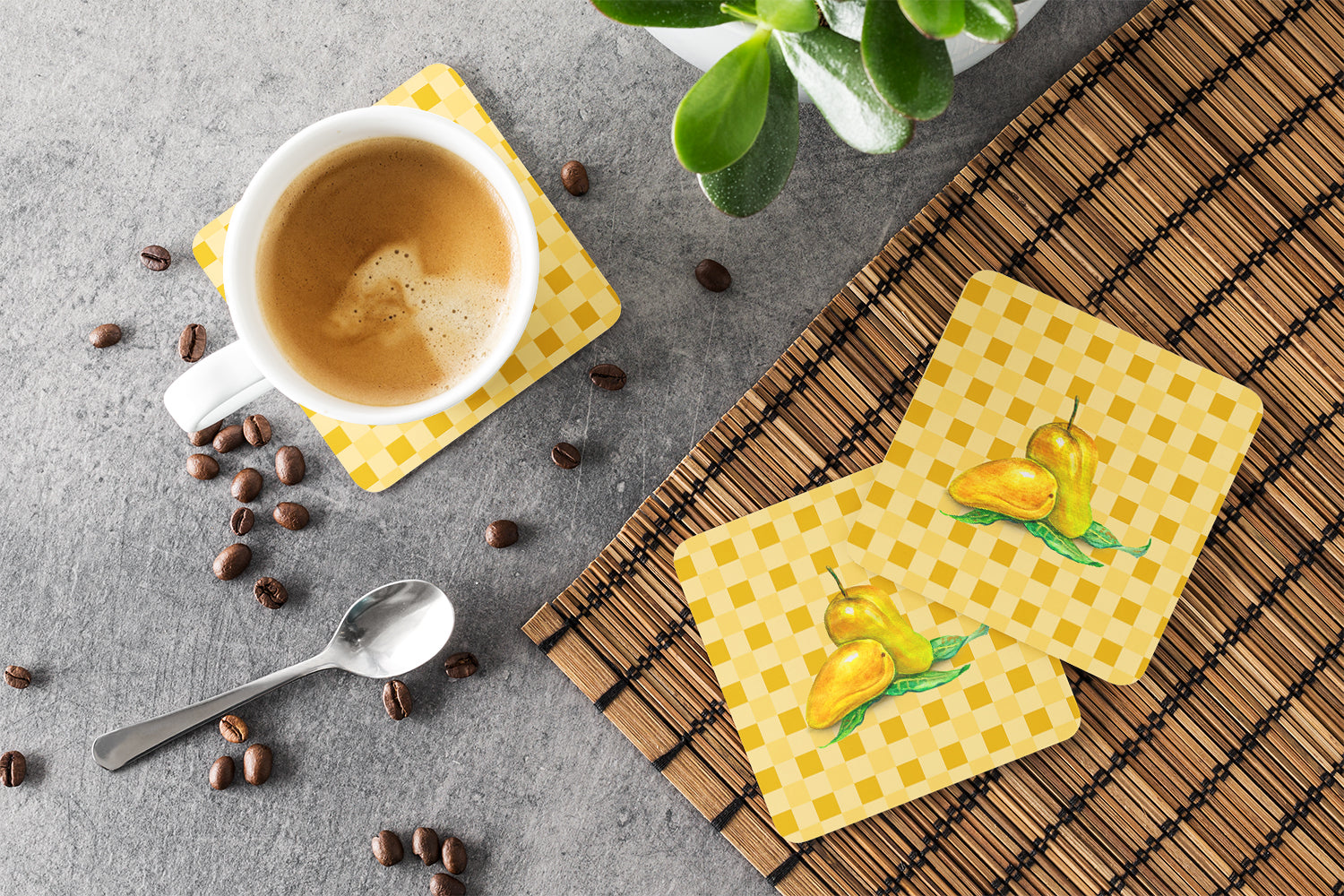 Mangos on Basketweave Foam Coasters Set of 4 Cup Coasters for Indoor Outdoor, Tabletop Protection, Anti Slip, Mouse pad Material