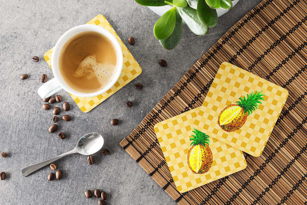 Whole Pineapple Cut on Basketweave Foam Coasters Set of 4 Cup Coasters for Indoor Outdoor, Tabletop Protection, Anti Slip, Mouse pad Material