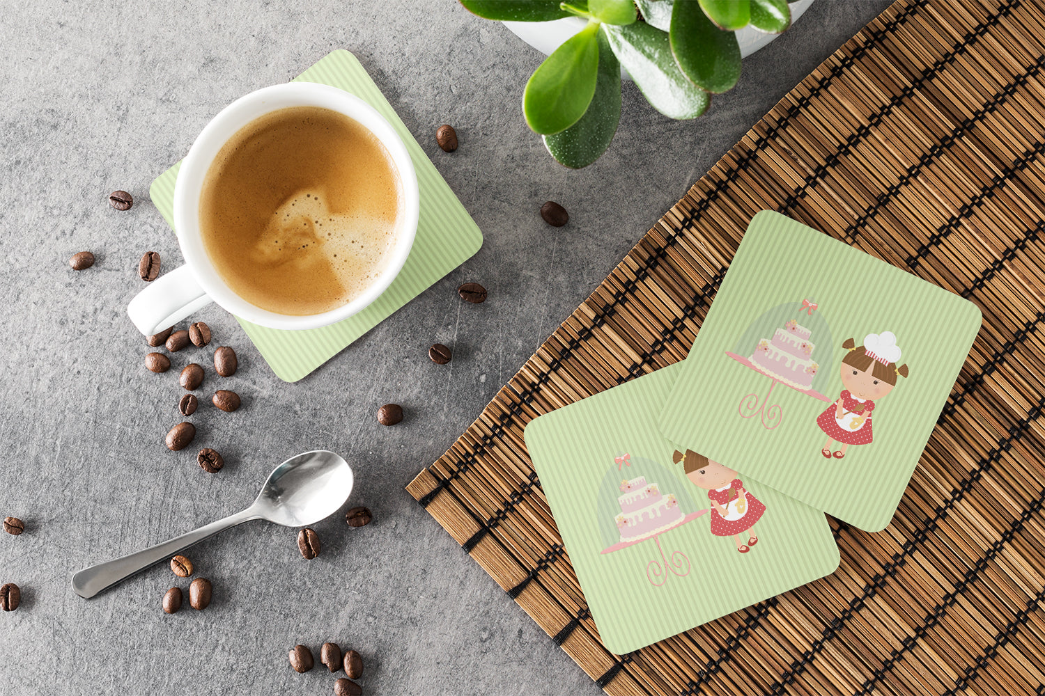Cake Baker Brunette Green Foam Coasters Set of 4 Cup Coasters for Indoor Outdoor, Tabletop Protection, Anti Slip, Mouse pad Material