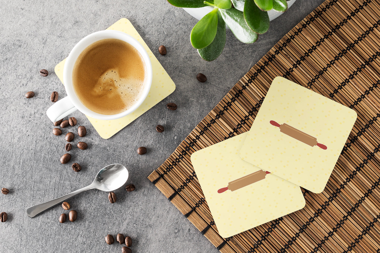 Rolling Pin on Yellow Foam Coasters Set of 4 Cup Coasters for Indoor Outdoor, Tabletop Protection, Anti Slip, Mouse pad Material