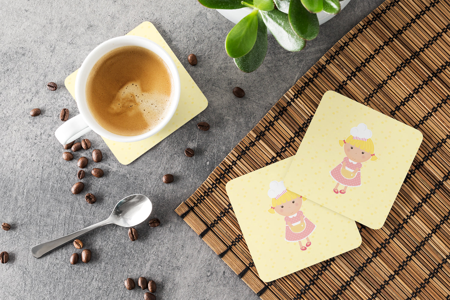 Blonde Baker on Yellow Foam Coasters Set of 4 Cup Coasters for Indoor Outdoor, Tabletop Protection, Anti Slip, Mouse pad Material