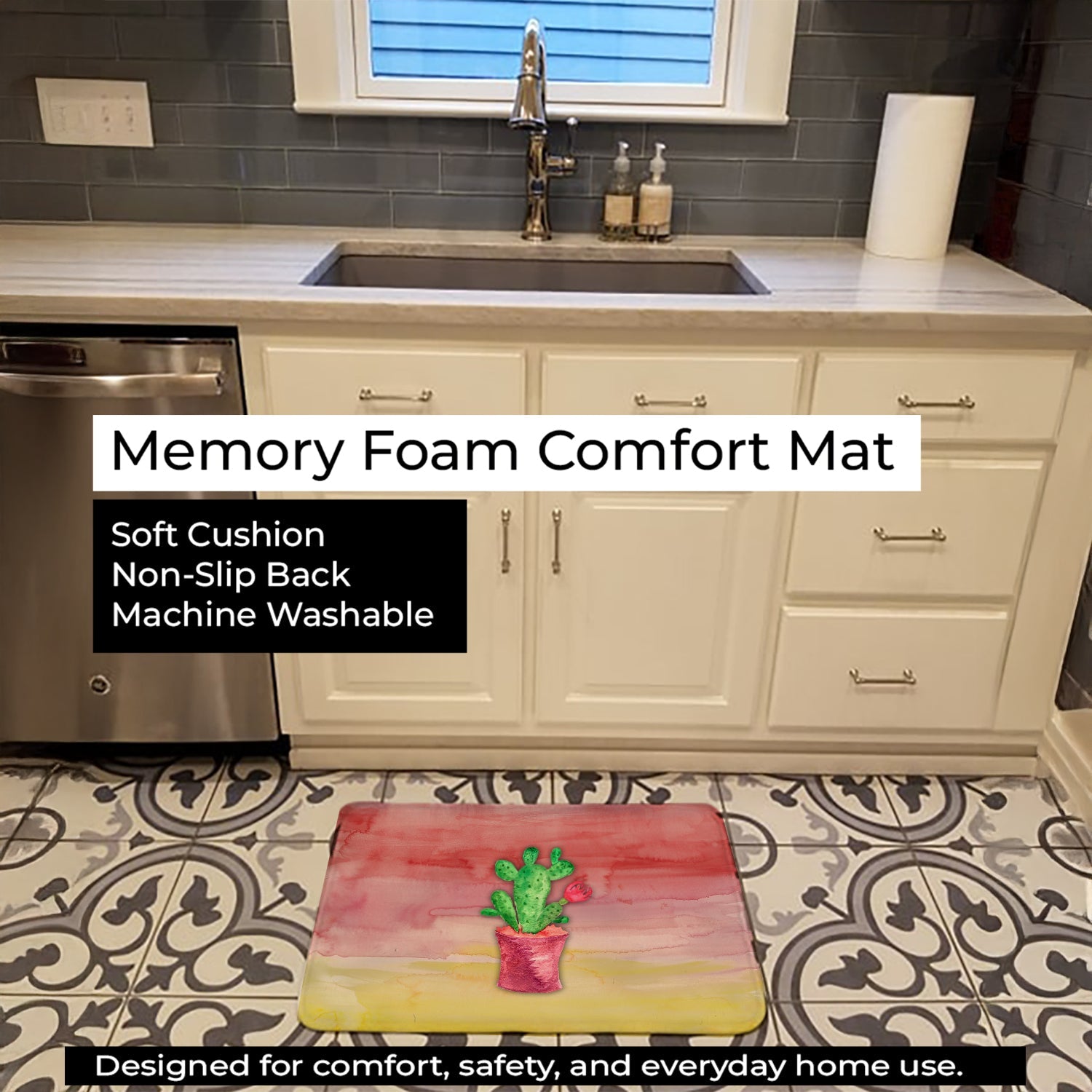 Flowering Cactus Watercolor Memory Foam Kitchen Mat Machine Washable Anti-Fatigue Cushion Comfort Bath or Kitchen Rug