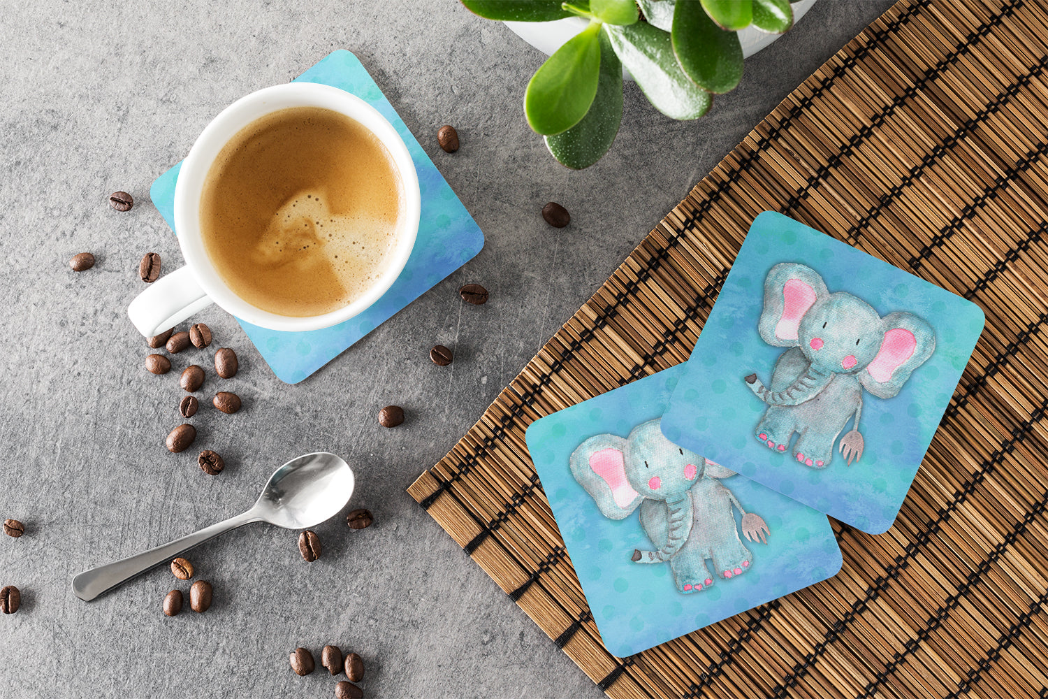 Blue Elepant Watercolor Foam Coasters Set of 4 Cup Coasters for Indoor Outdoor, Tabletop Protection, Anti Slip, Mouse pad Material