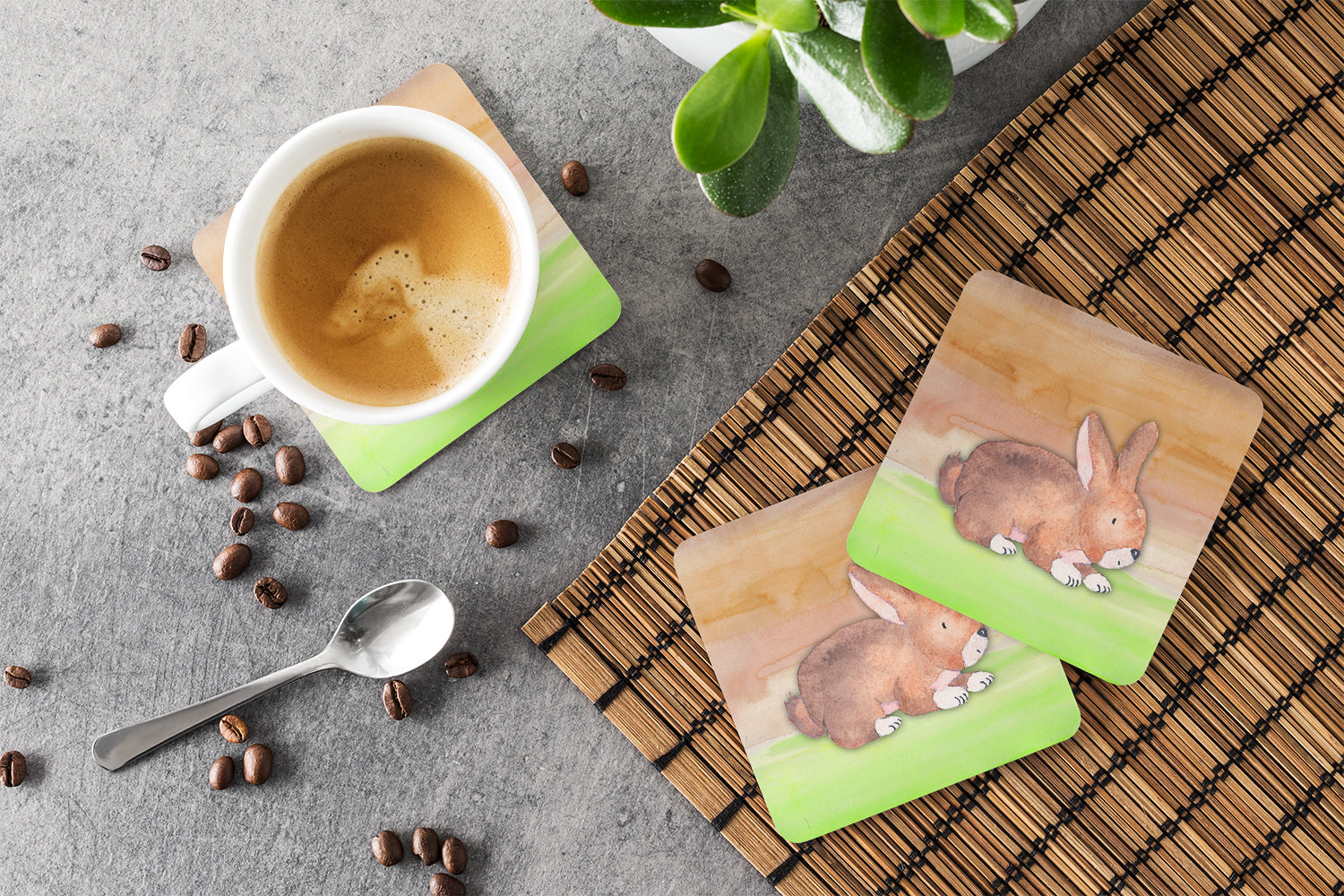 Rabbit Watercolor Foam Coasters Set of 4 Cup Coasters for Indoor Outdoor, Tabletop Protection, Anti Slip, Mouse pad Material