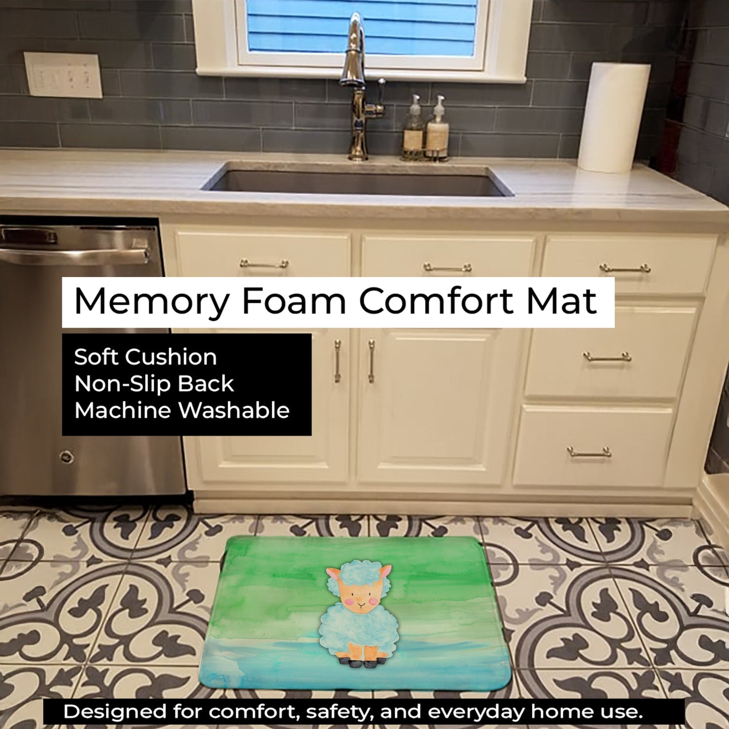 Sheep Lamb Watercolor Memory Foam Kitchen Mat Machine Washable Anti-Fatigue Cushion Comfort Bath or Kitchen Rug