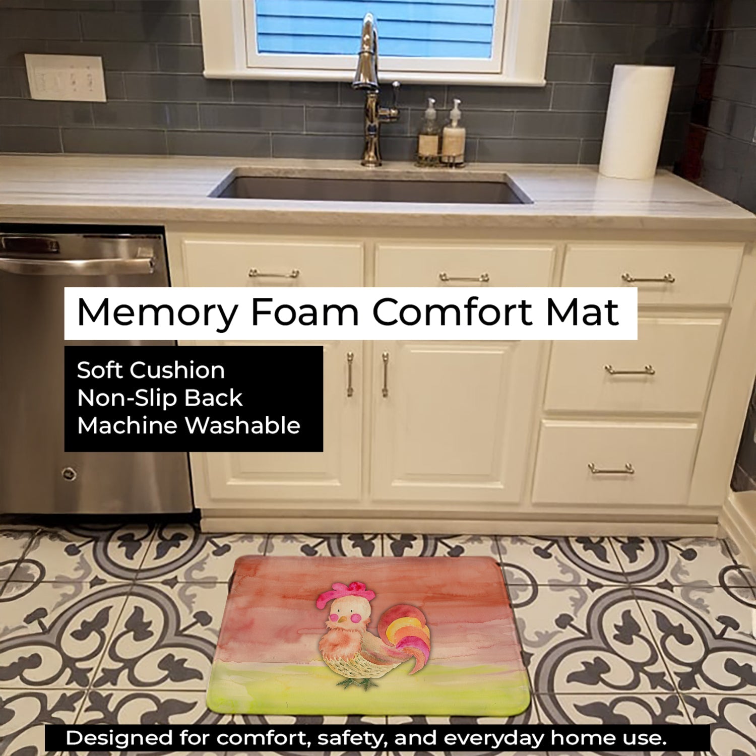Rooster Watercolor Memory Foam Kitchen Mat Machine Washable Anti-Fatigue Cushion Comfort Bath or Kitchen Rug