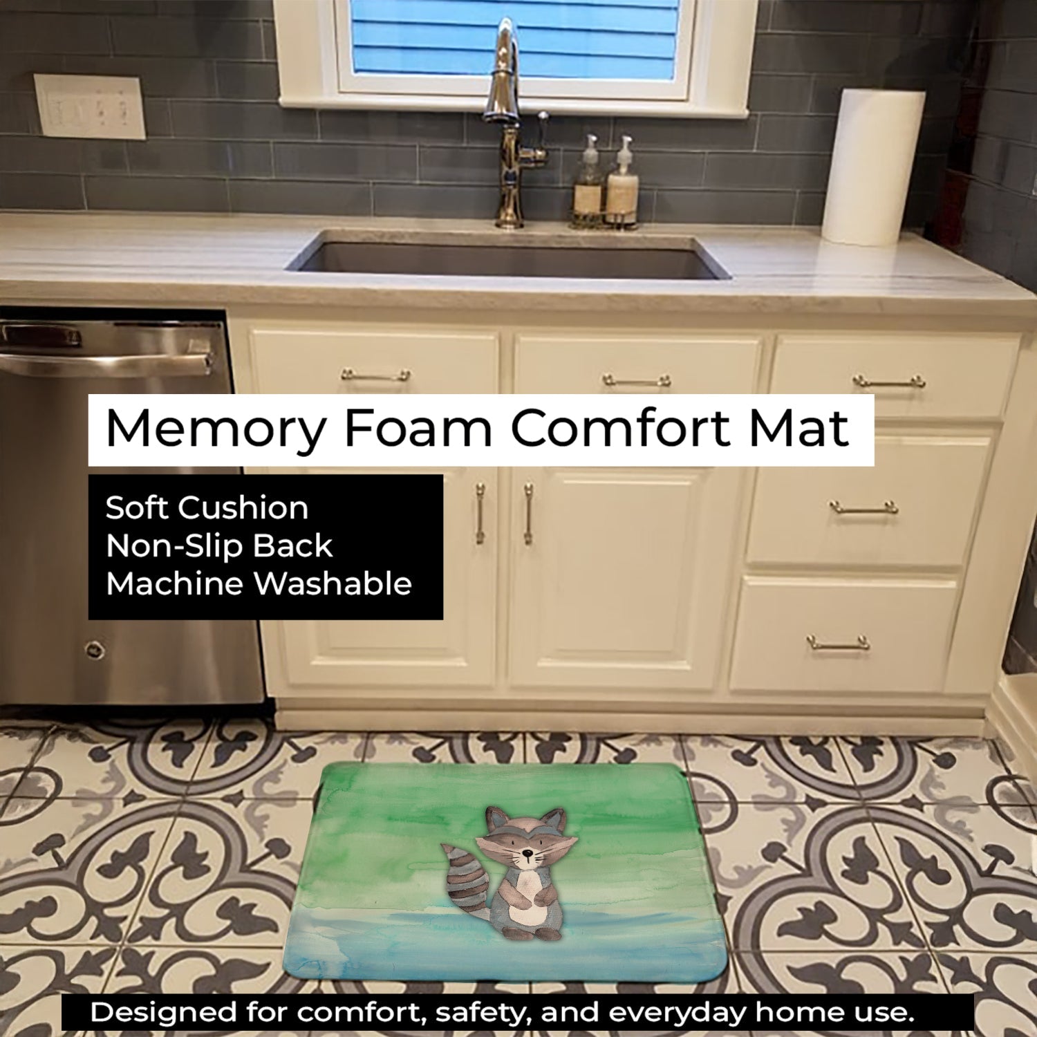 Raccoon Watercolor Memory Foam Kitchen Mat Machine Washable Anti-Fatigue Cushion Comfort Bath or Kitchen Rug
