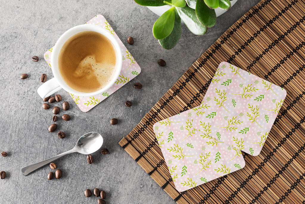 Watercolor Leaves Pink Foam Coasters Set of 4 Cup Coasters for Indoor Outdoor, Tabletop Protection, Anti Slip, Mouse pad Material