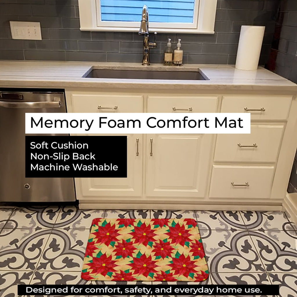 Poinsetta Christmas Memory Foam Kitchen Mat Machine Washable Anti-Fatigue Cushion Comfort Bath or Kitchen Rug