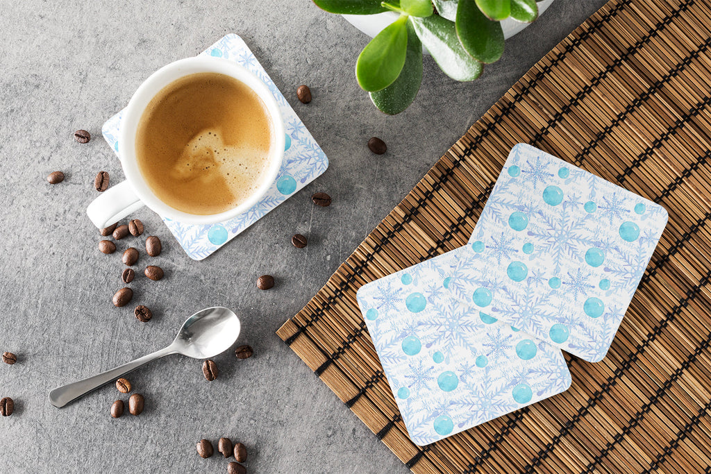 Winter Snowflakes on White Foam Coasters Set of 4 Cup Coasters for Indoor Outdoor, Tabletop Protection, Anti Slip, Mouse pad Material