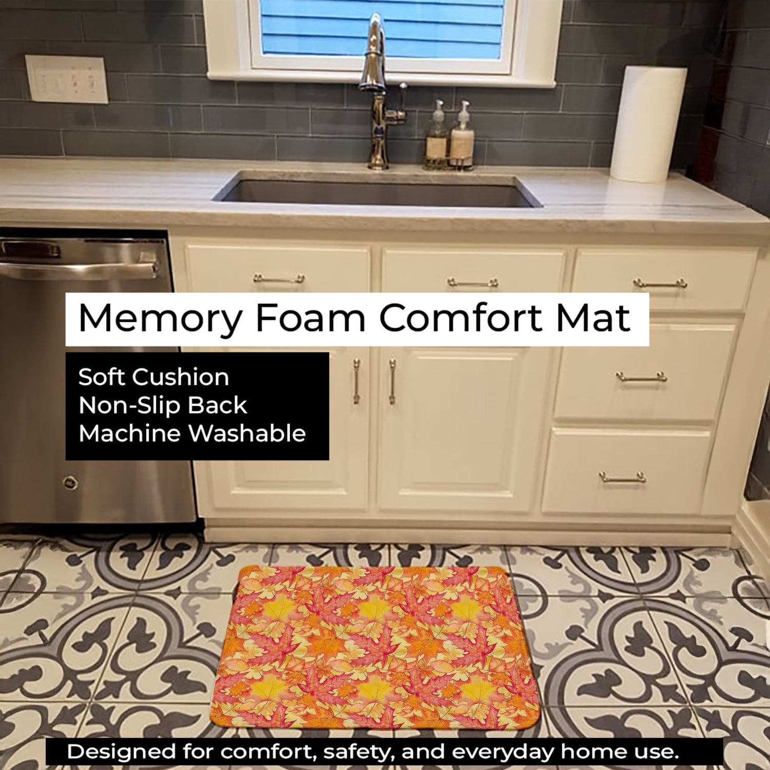 Fall Leaves Watercolor Red Memory Foam Kitchen Mat Machine Washable Anti-Fatigue Cushion Comfort Bath or Kitchen Rug