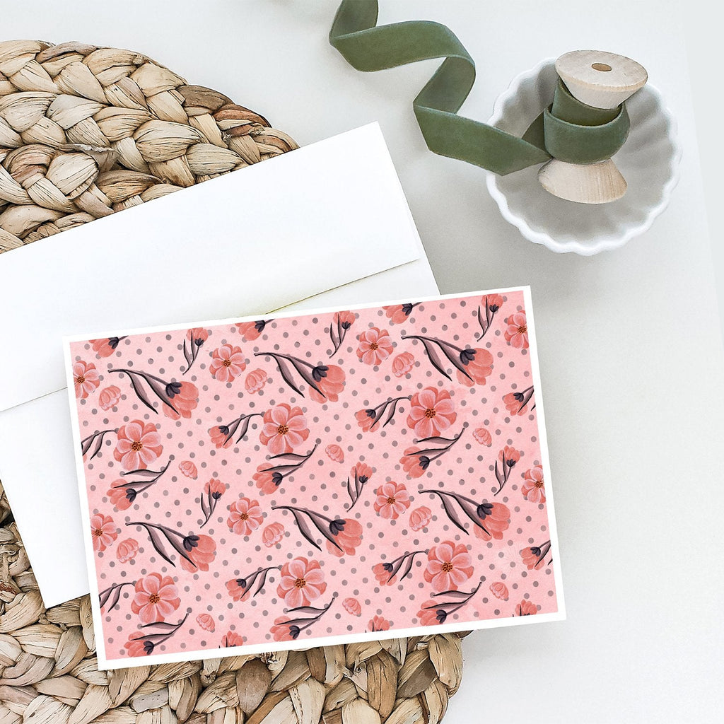 Pink Flowers and Polka Dots Greeting Cards Pack of 8 Blank Cards with Envelopes Whimsical A7 Size 5x7