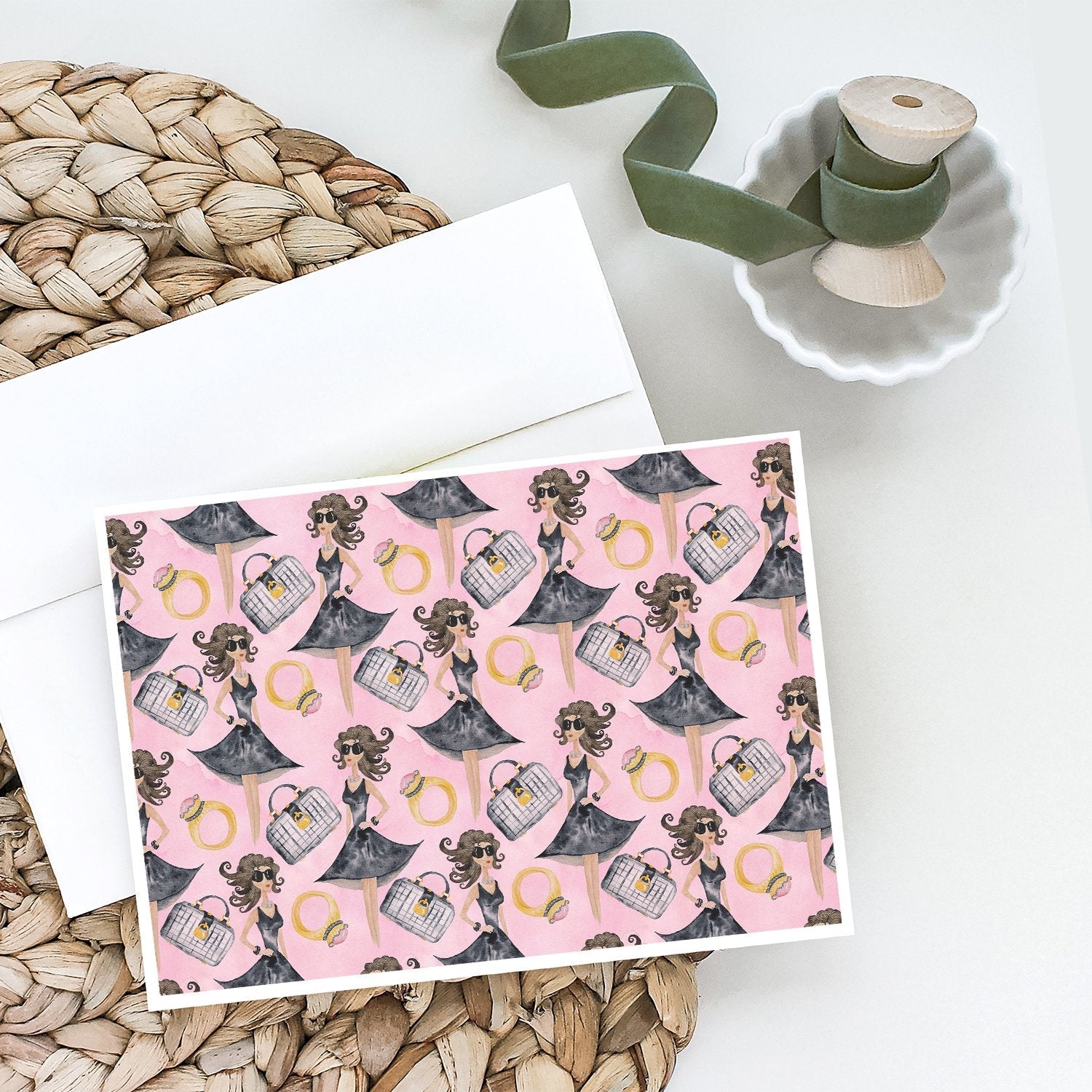 Watercolor Fashion Diva on Pink Greeting Cards Pack of 8 Blank Cards with Envelopes Whimsical A7 Size 5x7