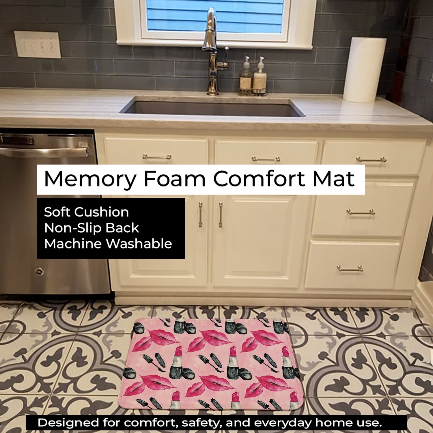 Watercolor Diva Lipstick  Memory Foam Kitchen Mat Machine Washable Anti-Fatigue Cushion Comfort Bath or Kitchen Rug