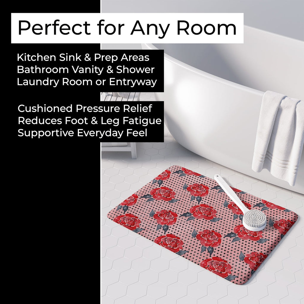 Watercolor Red Roses and Polkadots Memory Foam Kitchen Mat Machine Washable Anti-Fatigue Cushion Comfort Bath or Kitchen Rug