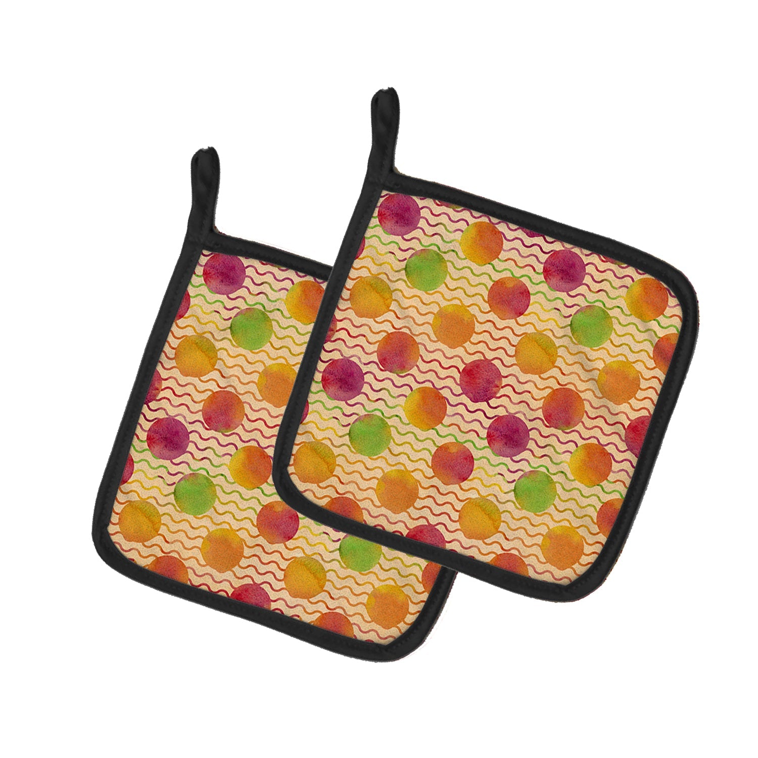 Watercolor Rainbow Dots and Sqiggles Pot Holder Set of 2 Heat Resistant Quilted Hot Pads 7.5 x 7.5 Inch, Insulated Kitchen Trivets for Cooking & Baking