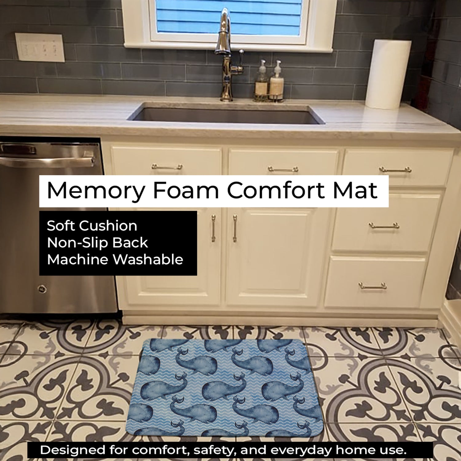 Beach Watercolor Whales Memory Foam Kitchen Mat Machine Washable Anti-Fatigue Cushion Comfort Bath or Kitchen Rug
