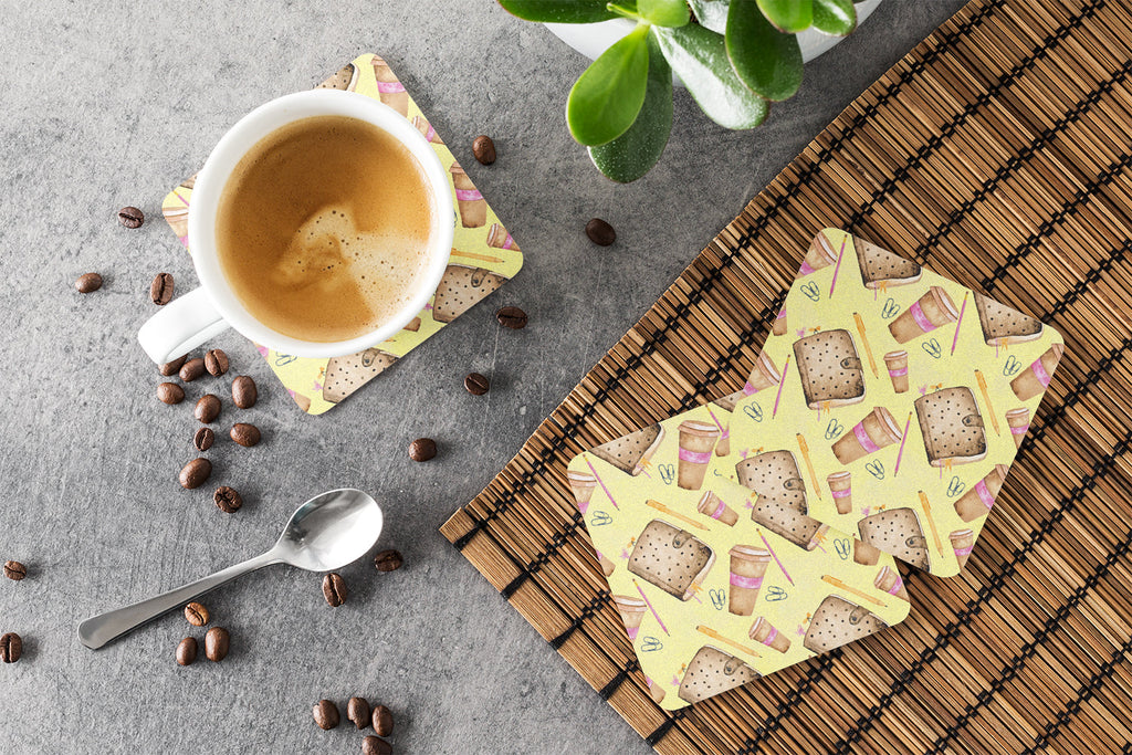 Watercolor Coffee and Journal Foam Coasters Set of 4 Cup Coasters for Indoor Outdoor, Tabletop Protection, Anti Slip, Mouse pad Material