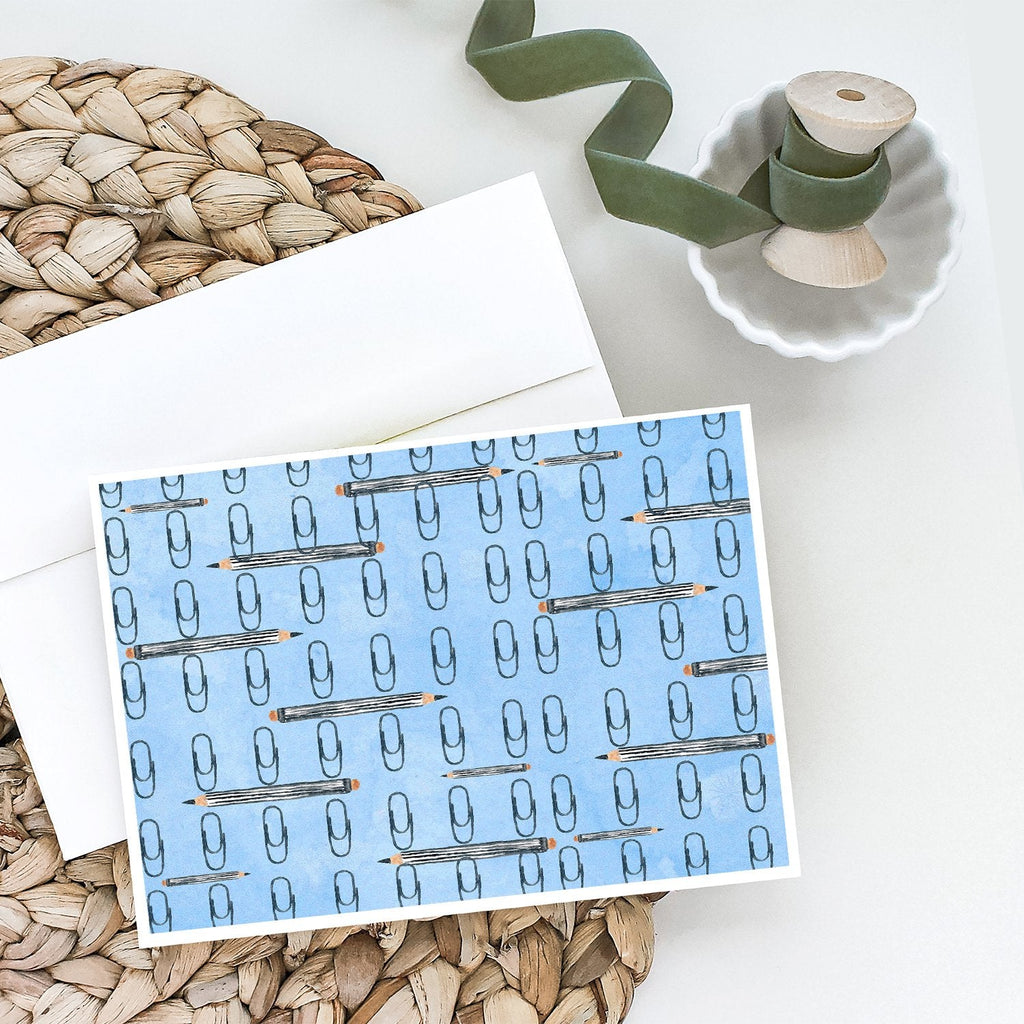 Watercolor Organized Paper Clips Blue Greeting Cards Pack of 8 Blank Cards with Envelopes Whimsical A7 Size 5x7