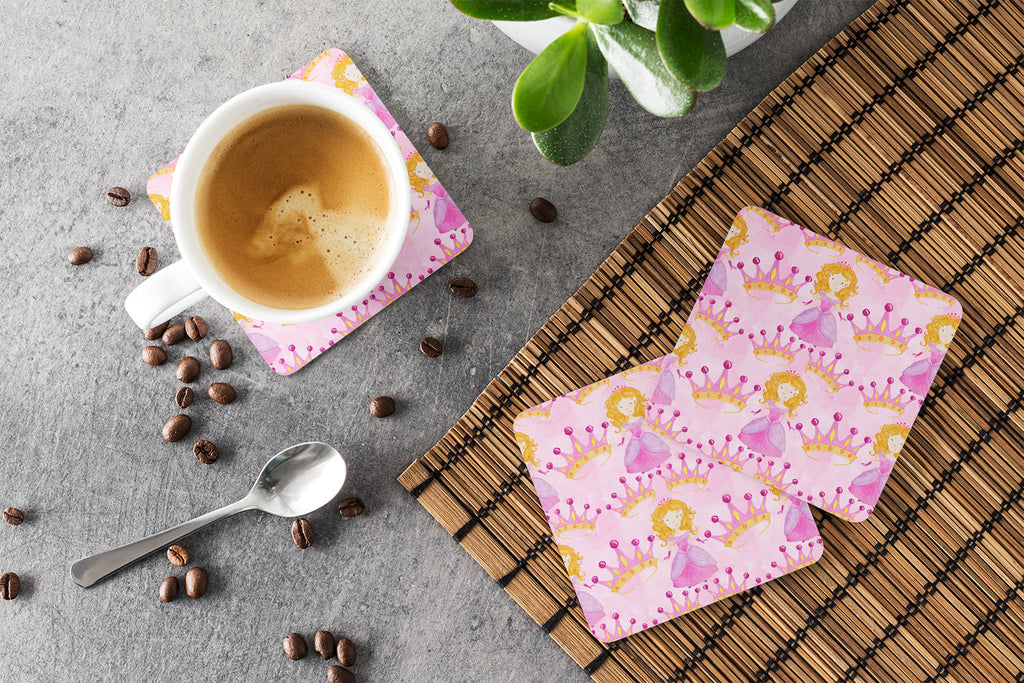 Watercolor Princess and Crown Foam Coasters Set of 4 Cup Coasters for Indoor Outdoor, Tabletop Protection, Anti Slip, Mouse pad Material