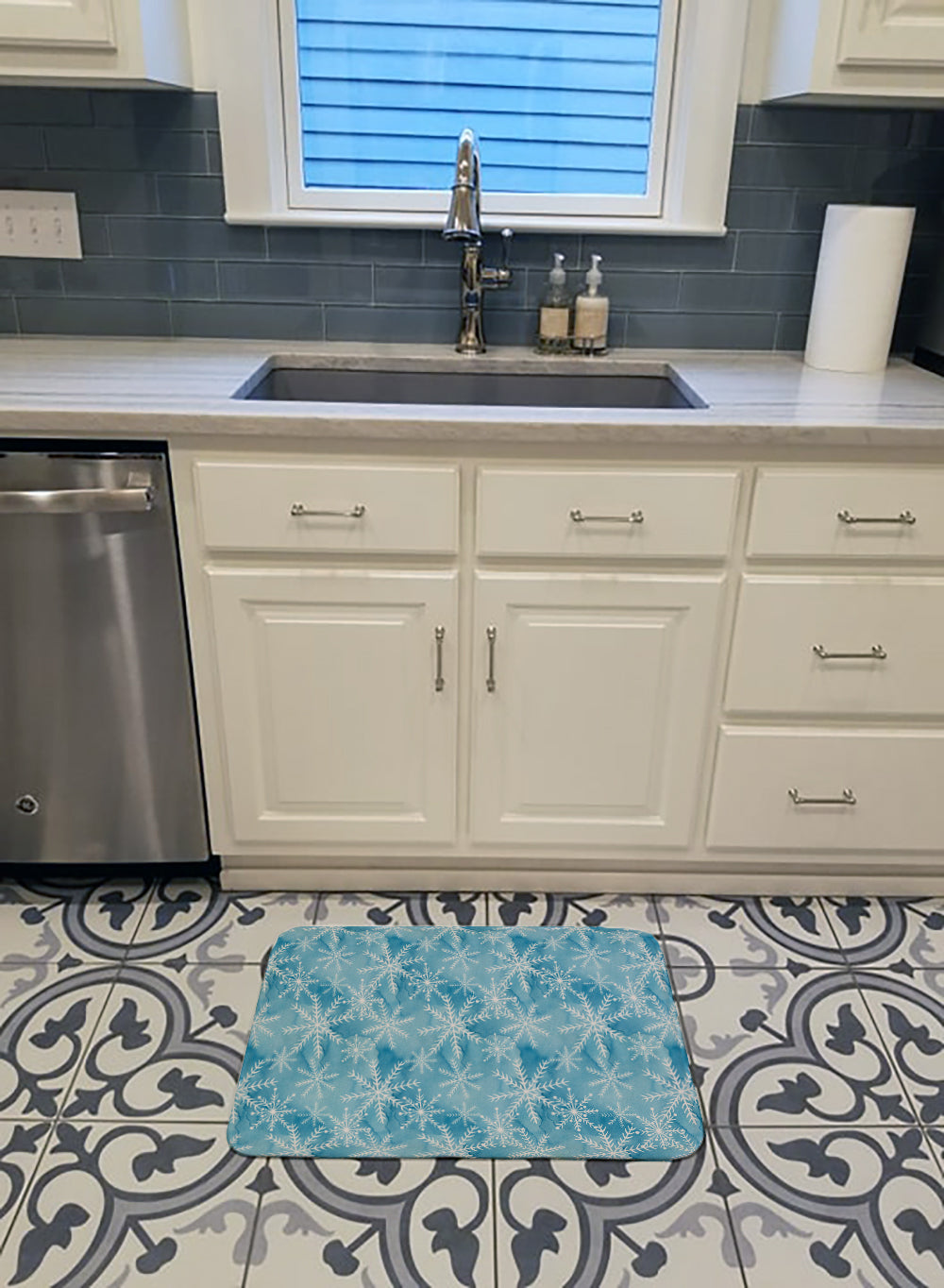 Watercolor Snowflake on Blue Memory Foam Kitchen Mat Machine Washable Anti-Fatigue Cushion Comfort Bath or Kitchen Rug