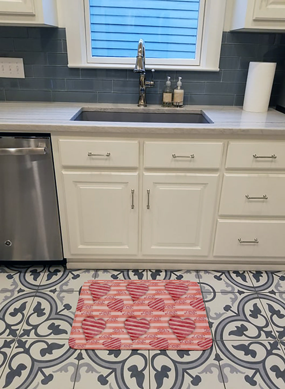 Watercolor Red Striped Hearts Memory Foam Kitchen Mat Machine Washable Anti-Fatigue Cushion Comfort Bath or Kitchen Rug