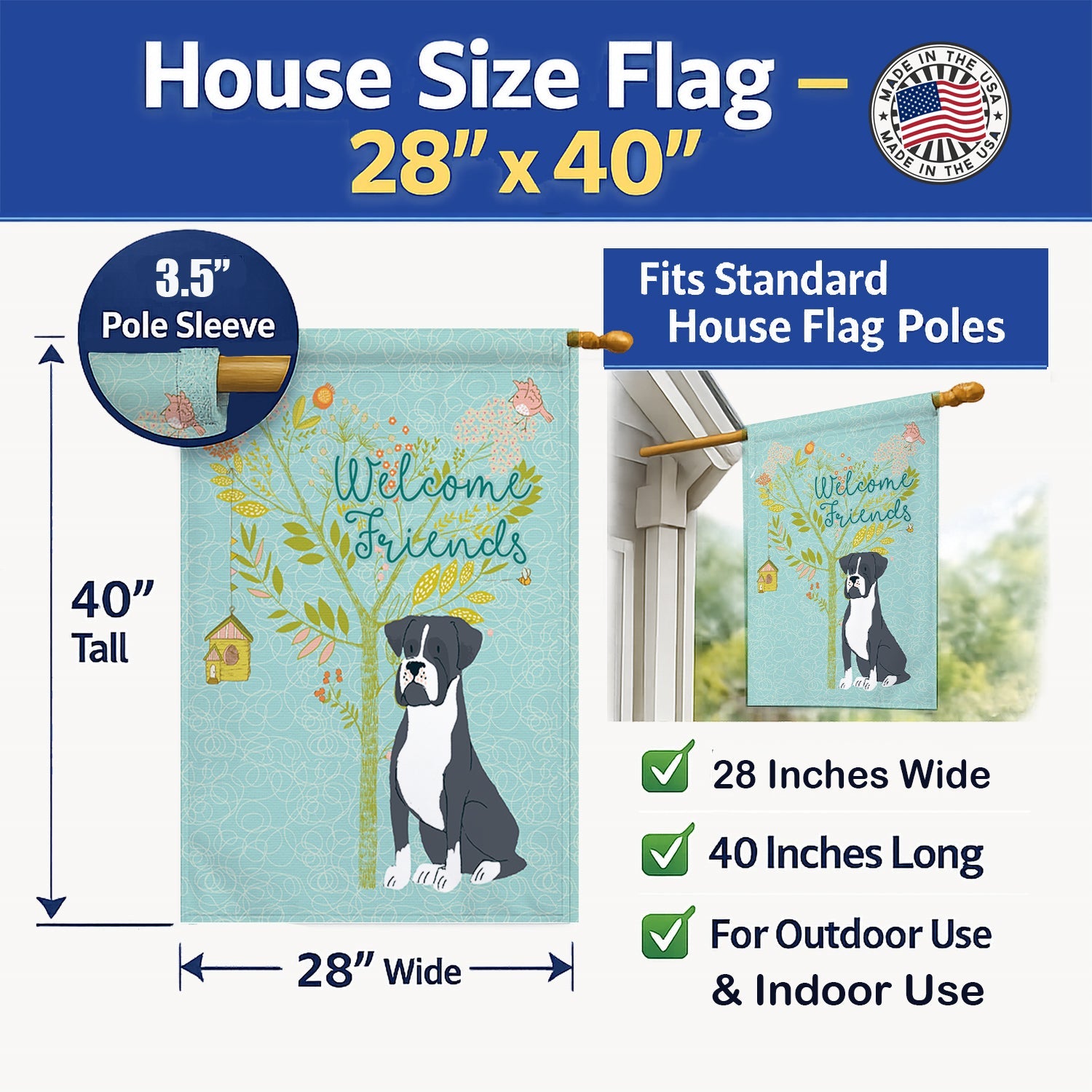 Welcome Friends Black Boxer House Flag 28x40 Porch Sleeve Pole Decorative Outside Yard Banner Artwork Wall Hanging, Polyester