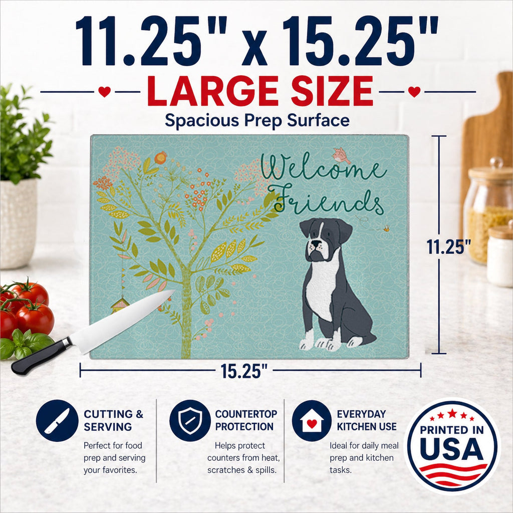 Welcome Friends Black Boxer Cutting Board Tempered Glass Kitchen Cutting Surface, Heat Resistant Chopping, Non-Slip Feet, Food Prep & Serving