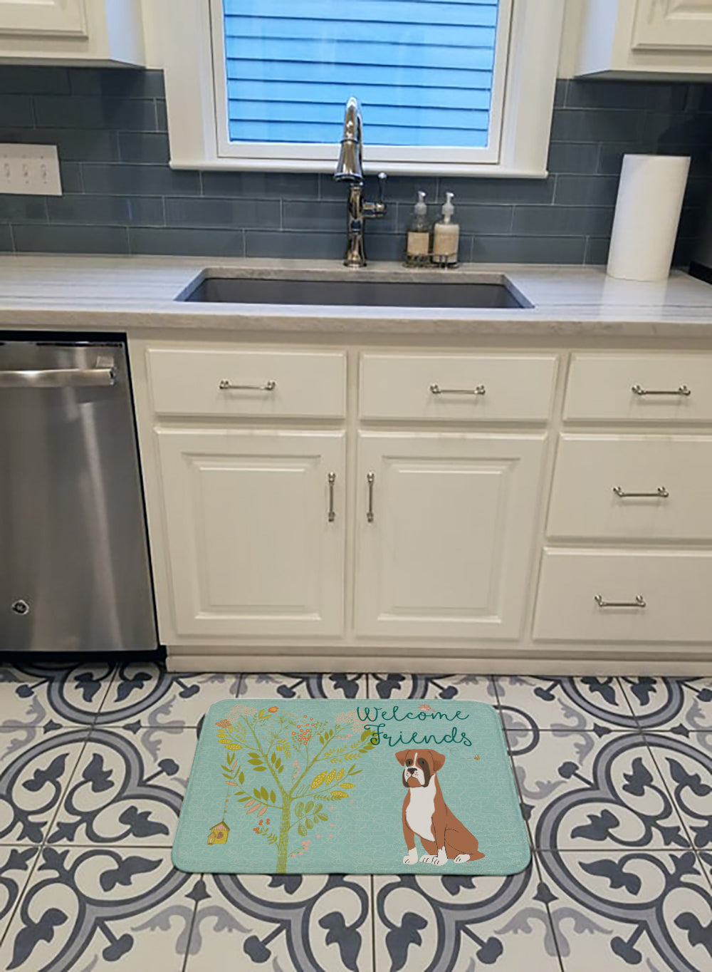 Welcome Friends Flashy Fawn Boxer Memory Foam Kitchen Mat Machine Washable Anti-Fatigue Cushion Comfort Bath or Kitchen Rug