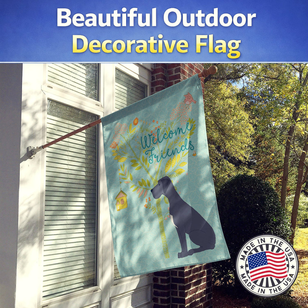 Welcome Friends Black Great Dane House Flag 28x40 Porch Sleeve Pole Decorative Outside Yard Banner Artwork Wall Hanging, Polyester
