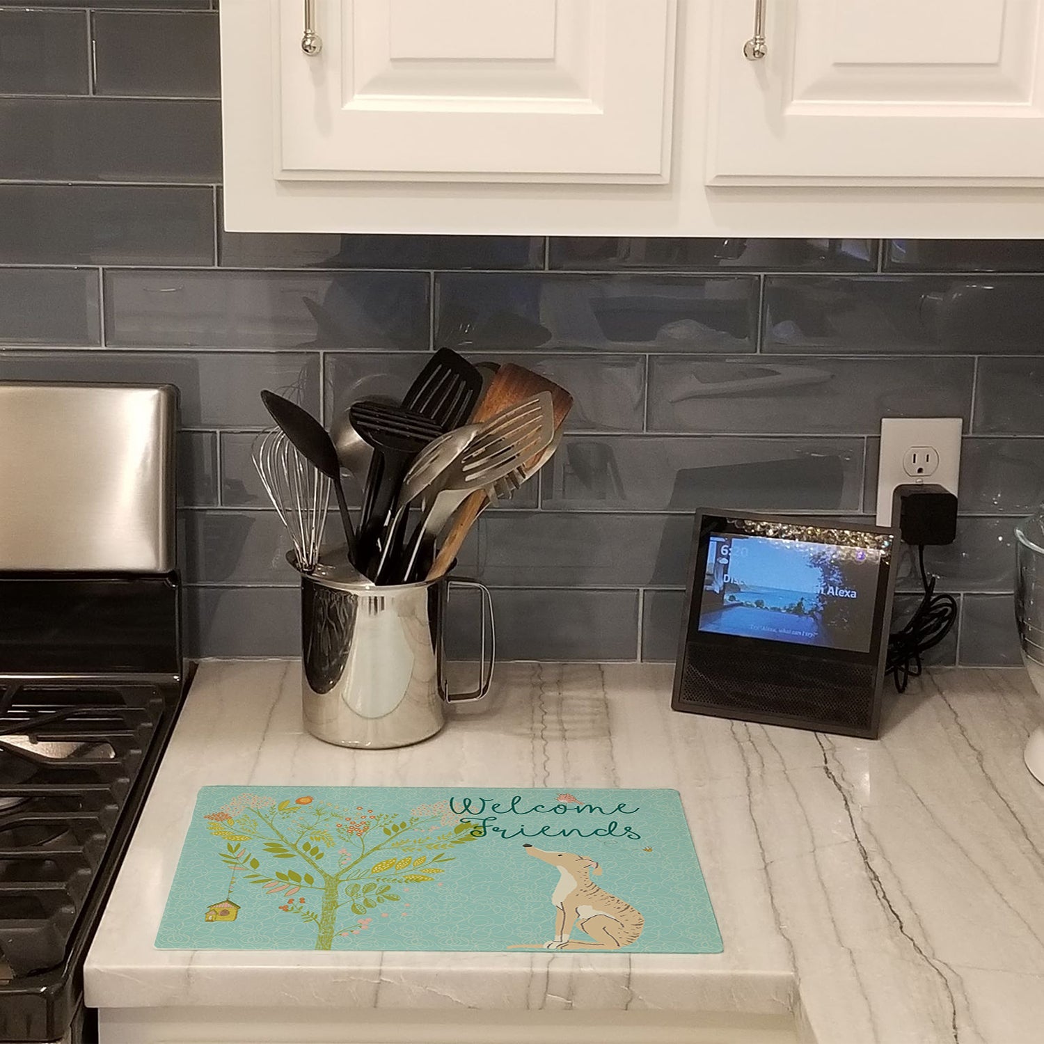 Welcome Friends Brindle Greyhound Cutting Board Tempered Glass Kitchen Cutting Surface, Heat Resistant Chopping, Non-Slip Feet, Food Prep & Serving