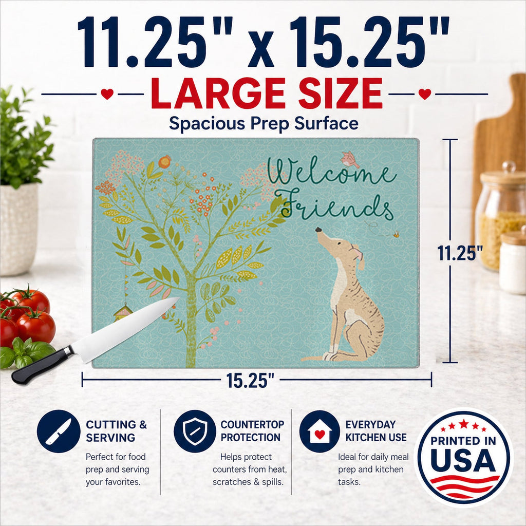 Welcome Friends Brindle Greyhound Cutting Board Tempered Glass Kitchen Cutting Surface, Heat Resistant Chopping, Non-Slip Feet, Food Prep & Serving