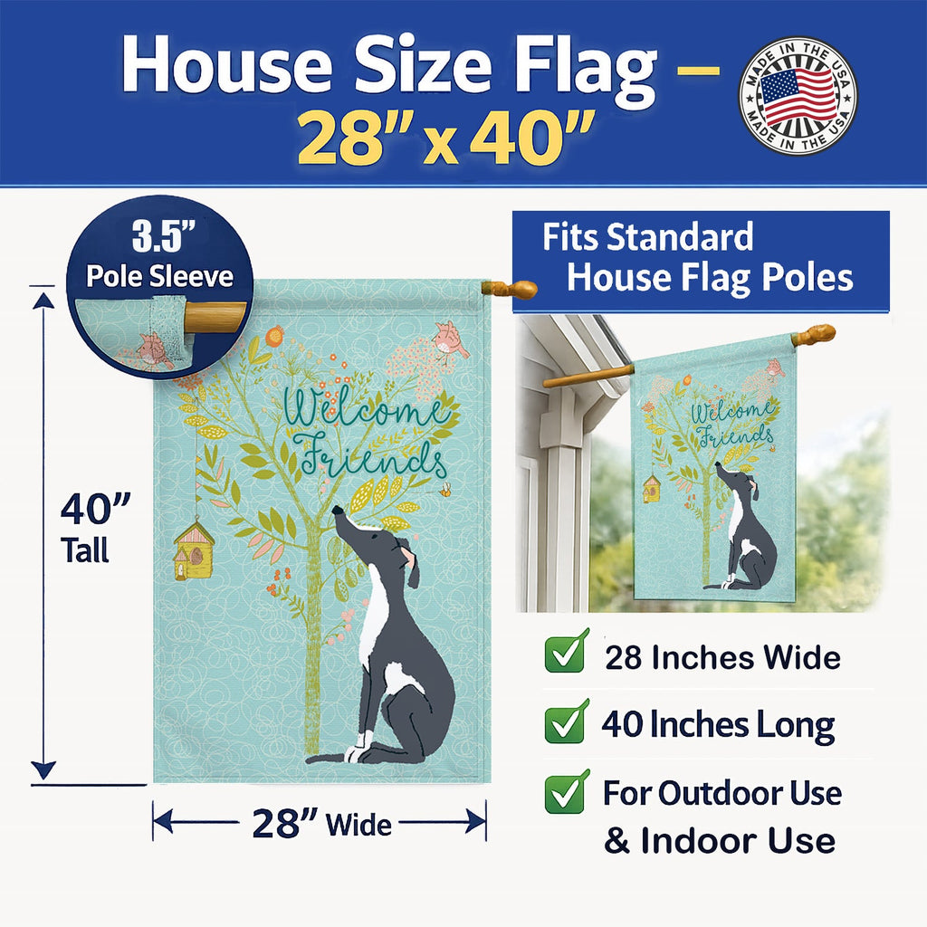 Welcome Friends Black White Greyhound House Flag 28x40 Porch Sleeve Pole Decorative Outside Yard Banner Artwork Wall Hanging, Polyester