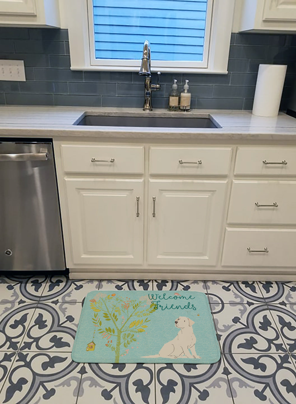 Welcome Friends Yellow Labrador Retriever Memory Foam Kitchen Mat Machine Washable Anti-Fatigue Cushion Comfort Bath or Kitchen Rug